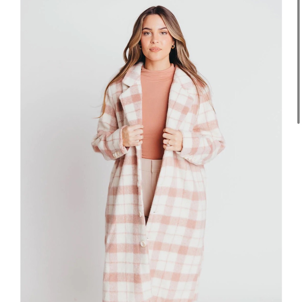 Oversized Plaid Midi Length Coat in Pink